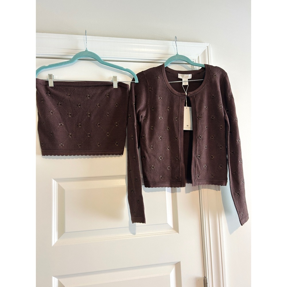 Caroline Constas Brown Pointelle Knit Cardigan and Tube Top Set NWT - Picture 2 of 4